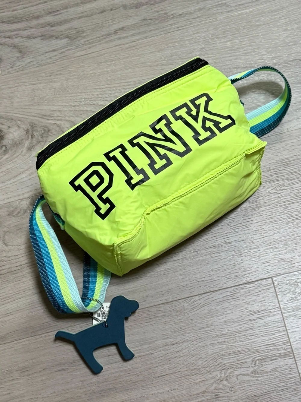 PINK Victoria's Secret Neon Yellow Crossbody with Striped Blue Strap
